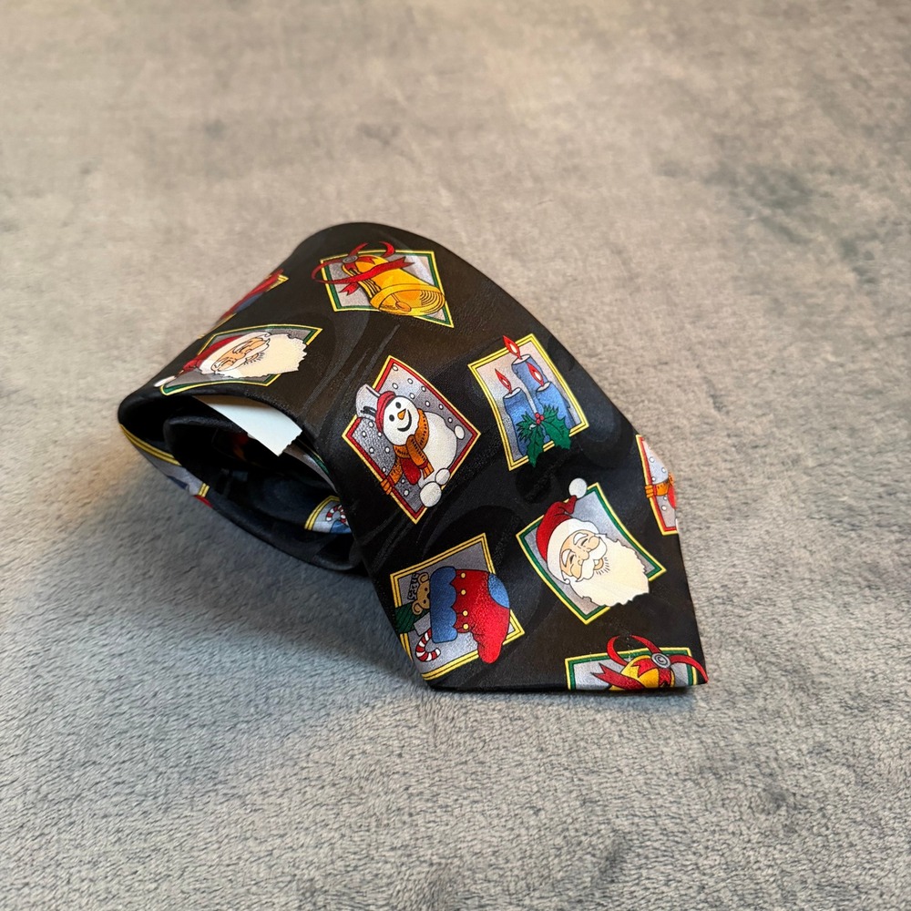 Massini Christmas Holiday Necktie Mens One Size Black Silk Santa Snowman